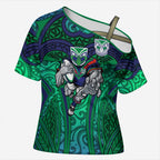 New Zealand Warriors Rugby Cross Shoulder Shirt Polynesian Tribal Warrior Mask Green Blue Pattern
