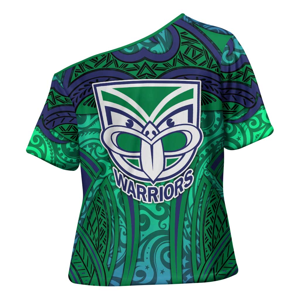 New Zealand Warriors Rugby Cross Shoulder Shirt Polynesian Tribal Warrior Mask Green Blue Pattern