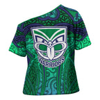 New Zealand Warriors Rugby Cross Shoulder Shirt Polynesian Tribal Warrior Mask Green Blue Pattern