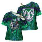 New Zealand Warriors Rugby Cross Shoulder Shirt Polynesian Tribal Warrior Mask Green Blue Pattern