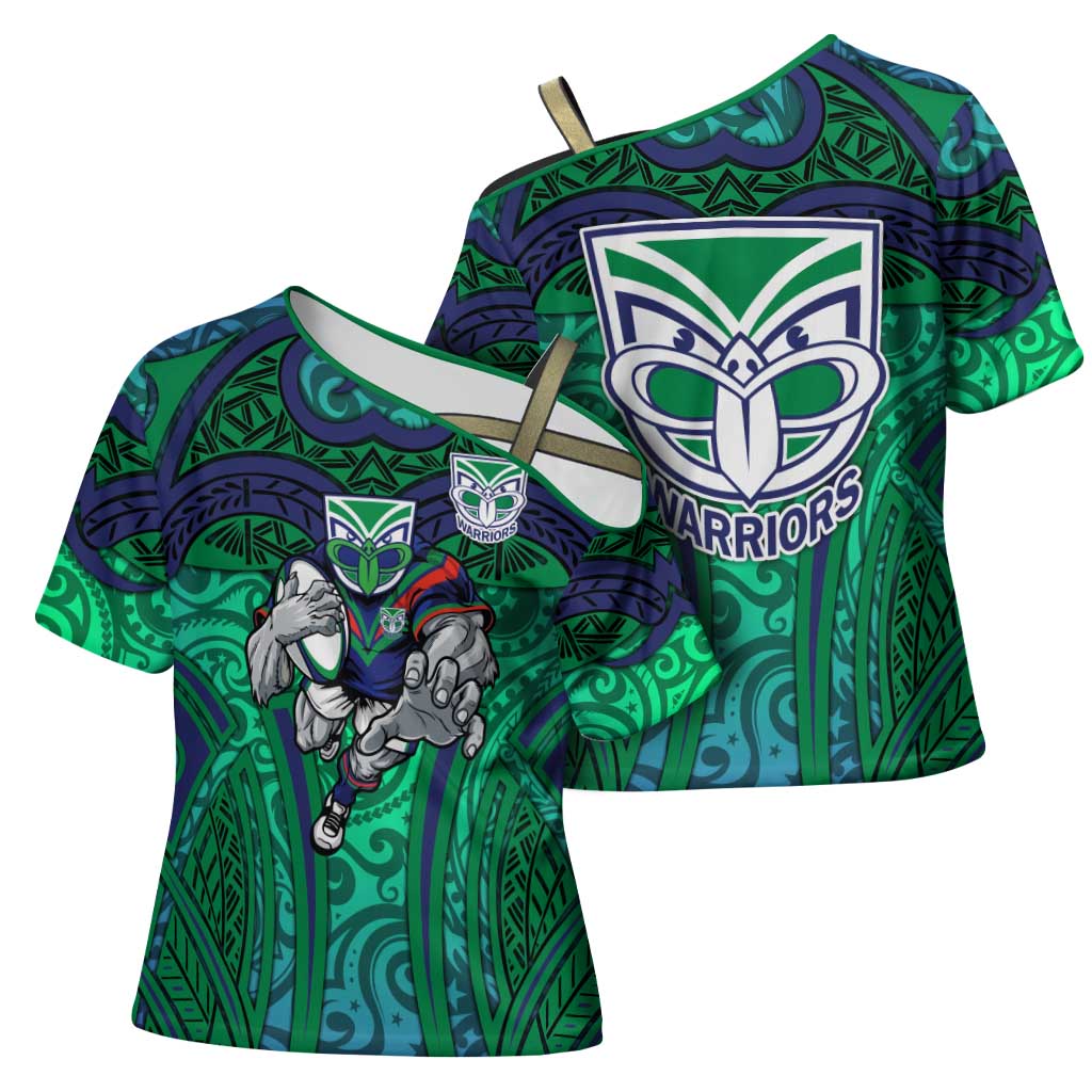 New Zealand Warriors Rugby Cross Shoulder Shirt Polynesian Tribal Warrior Mask Green Blue Pattern