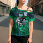 New Zealand Warriors Rugby Cross Shoulder Shirt Polynesian Tribal Warrior Mask Green Blue Pattern