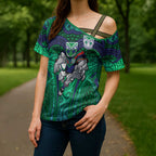 New Zealand Warriors Rugby Cross Shoulder Shirt Polynesian Tribal Warrior Mask Green Blue Pattern