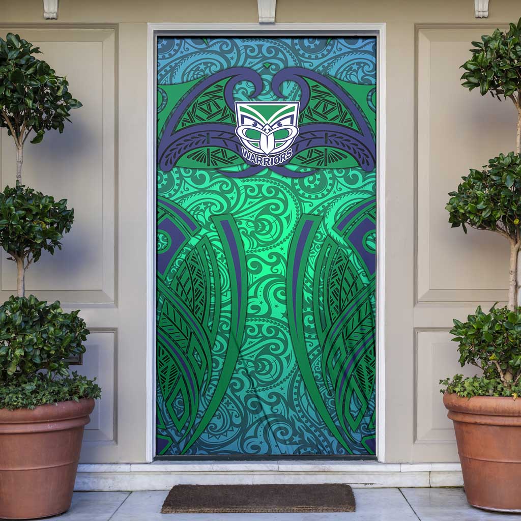 New Zealand Warriors Rugby Door Cover Polynesian Tribal Warrior Mask Green Blue Pattern