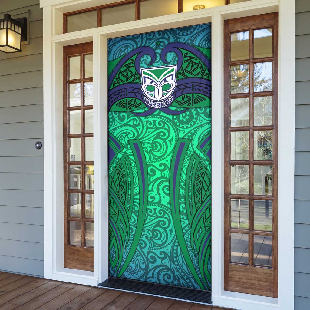New Zealand Warriors Rugby Door Cover Polynesian Tribal Warrior Mask Green Blue Pattern