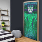 New Zealand Warriors Rugby Door Cover Polynesian Tribal Warrior Mask Green Blue Pattern