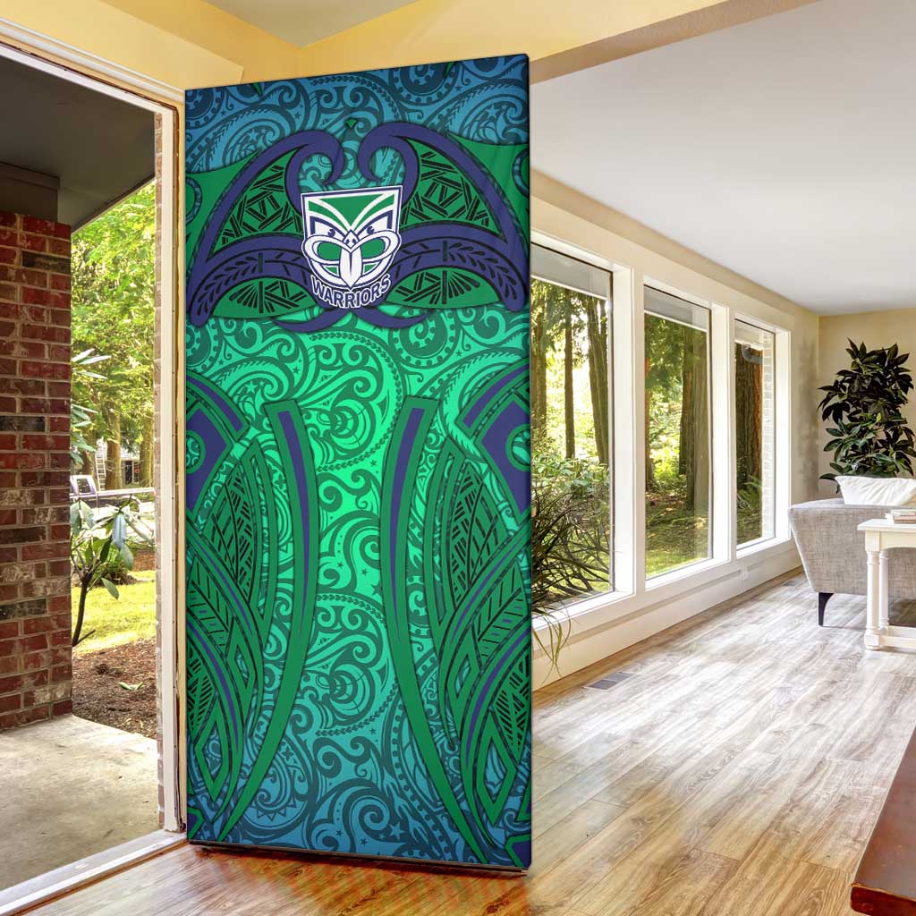 New Zealand Warriors Rugby Door Cover Polynesian Tribal Warrior Mask Green Blue Pattern