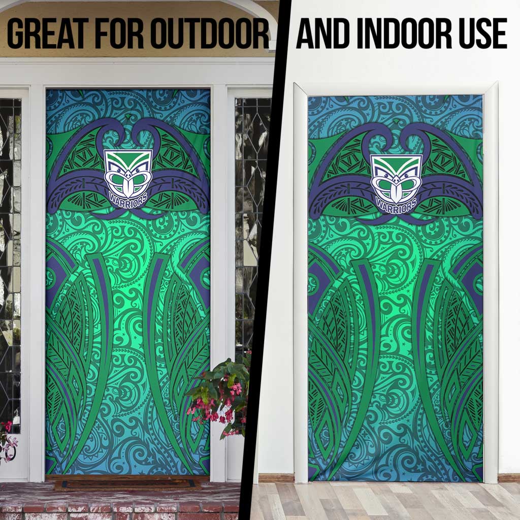 New Zealand Warriors Rugby Door Cover Polynesian Tribal Warrior Mask Green Blue Pattern