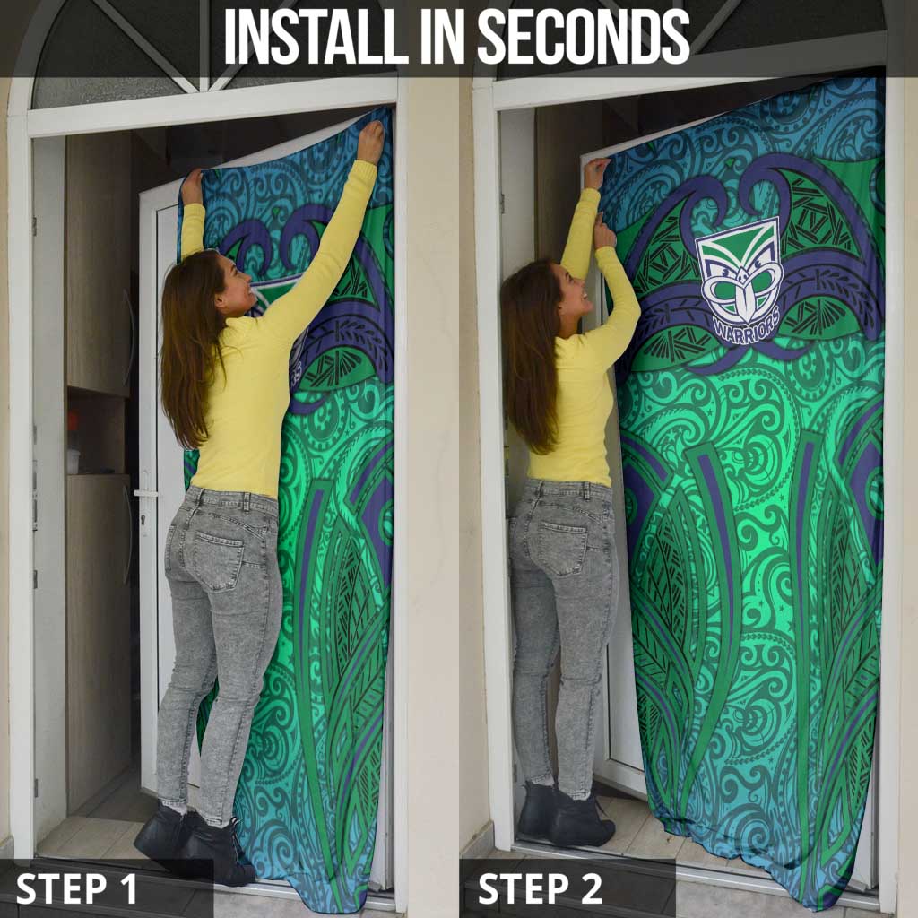 New Zealand Warriors Rugby Door Cover Polynesian Tribal Warrior Mask Green Blue Pattern