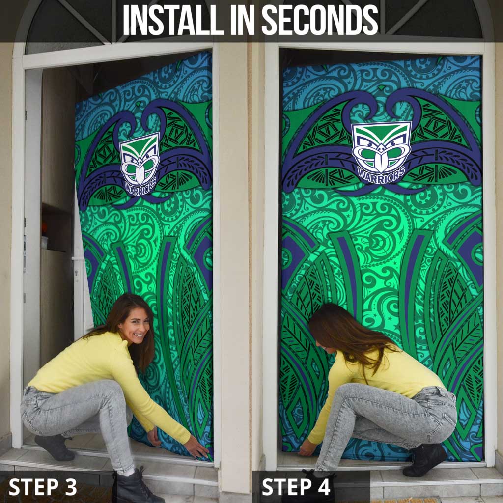 New Zealand Warriors Rugby Door Cover Polynesian Tribal Warrior Mask Green Blue Pattern