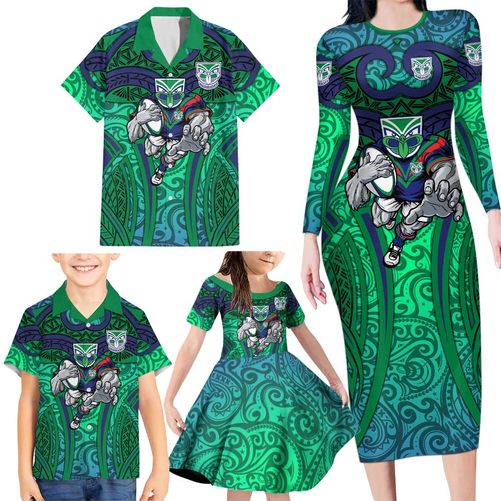 New Zealand Warriors Rugby Family Matching Long Sleeve Bodycon Dress and Hawaiian Shirt Polynesian Tribal Warrior Mask Green Blue Pattern