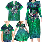 New Zealand Warriors Rugby Family Matching Long Sleeve Bodycon Dress and Hawaiian Shirt Polynesian Tribal Warrior Mask Green Blue Pattern