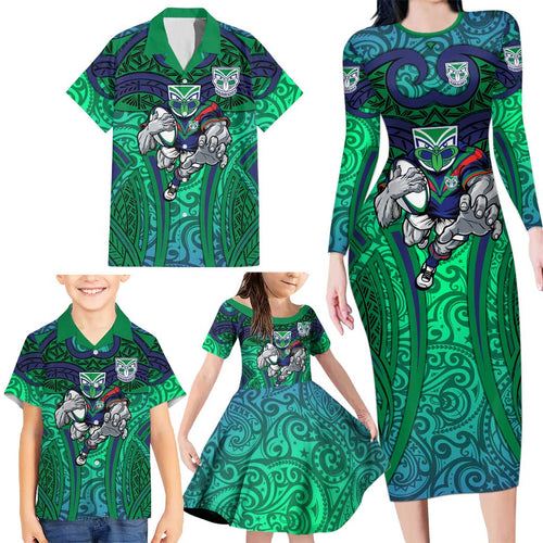 New Zealand Warriors Rugby Family Matching Long Sleeve Bodycon Dress and Hawaiian Shirt Polynesian Tribal Warrior Mask Green Blue Pattern