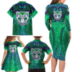 New Zealand Warriors Rugby Family Matching Long Sleeve Bodycon Dress and Hawaiian Shirt Polynesian Tribal Warrior Mask Green Blue Pattern