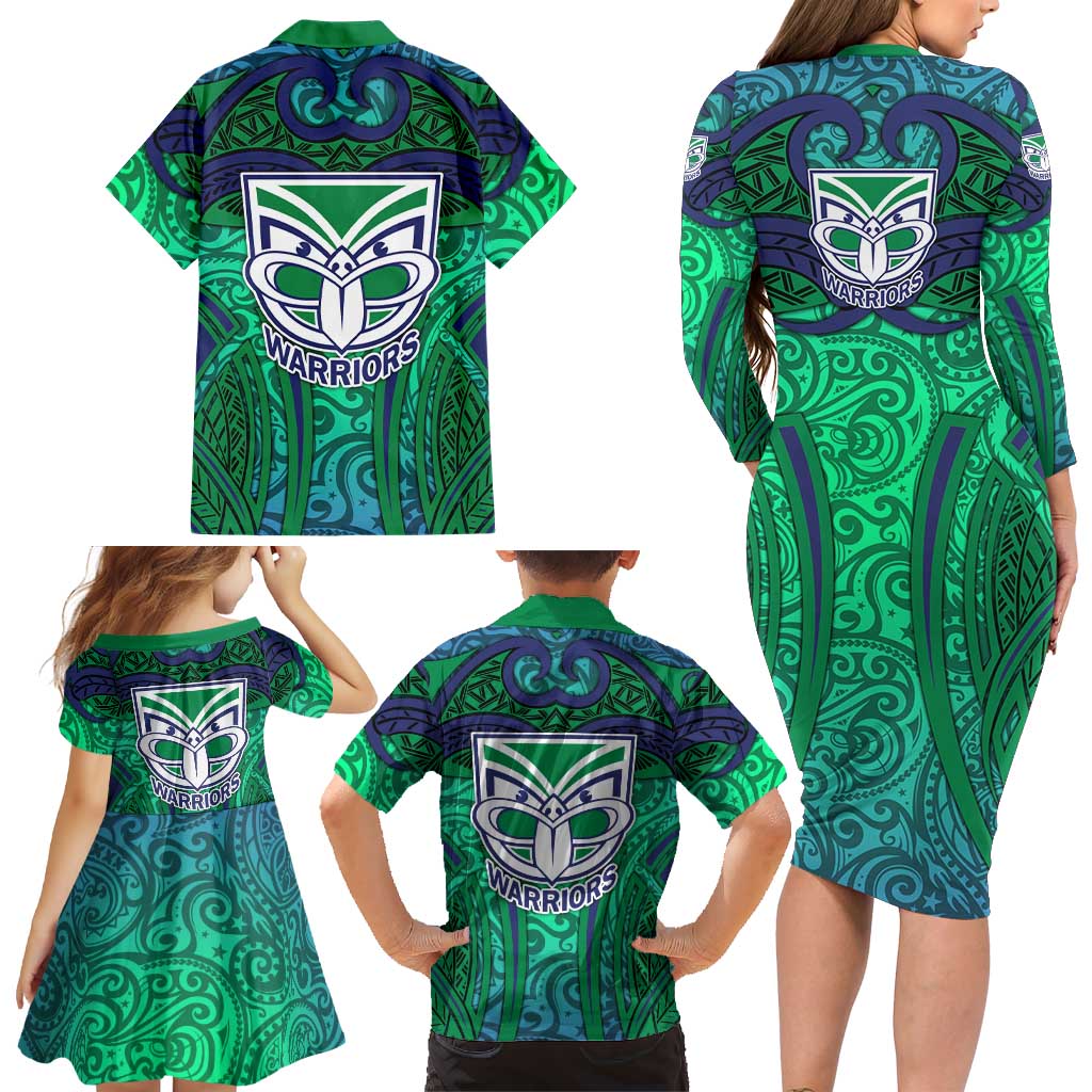 New Zealand Warriors Rugby Family Matching Long Sleeve Bodycon Dress and Hawaiian Shirt Polynesian Tribal Warrior Mask Green Blue Pattern