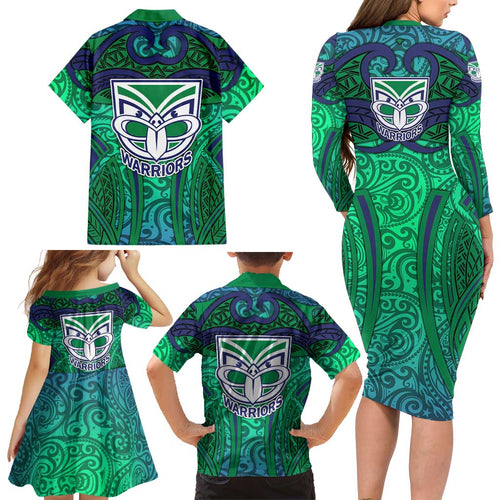 New Zealand Warriors Rugby Family Matching Long Sleeve Bodycon Dress and Hawaiian Shirt Polynesian Tribal Warrior Mask Green Blue Pattern
