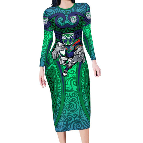 New Zealand Warriors Rugby Family Matching Long Sleeve Bodycon Dress and Hawaiian Shirt Polynesian Tribal Warrior Mask Green Blue Pattern