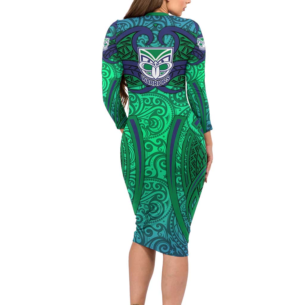 New Zealand Warriors Rugby Family Matching Long Sleeve Bodycon Dress and Hawaiian Shirt Polynesian Tribal Warrior Mask Green Blue Pattern