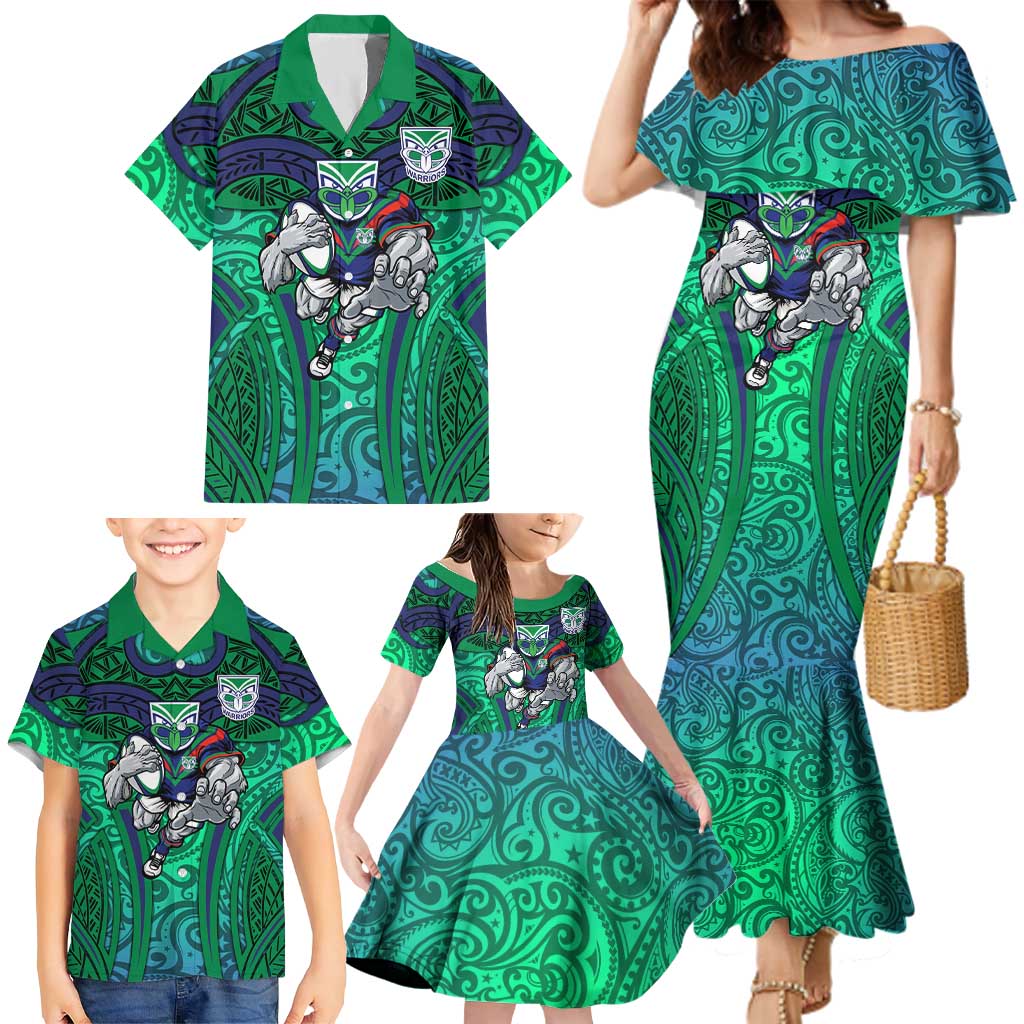 New Zealand Warriors Rugby Family Matching Mermaid Dress and Hawaiian Shirt Polynesian Tribal Warrior Mask Green Blue Pattern