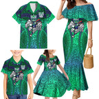New Zealand Warriors Rugby Family Matching Mermaid Dress and Hawaiian Shirt Polynesian Tribal Warrior Mask Green Blue Pattern