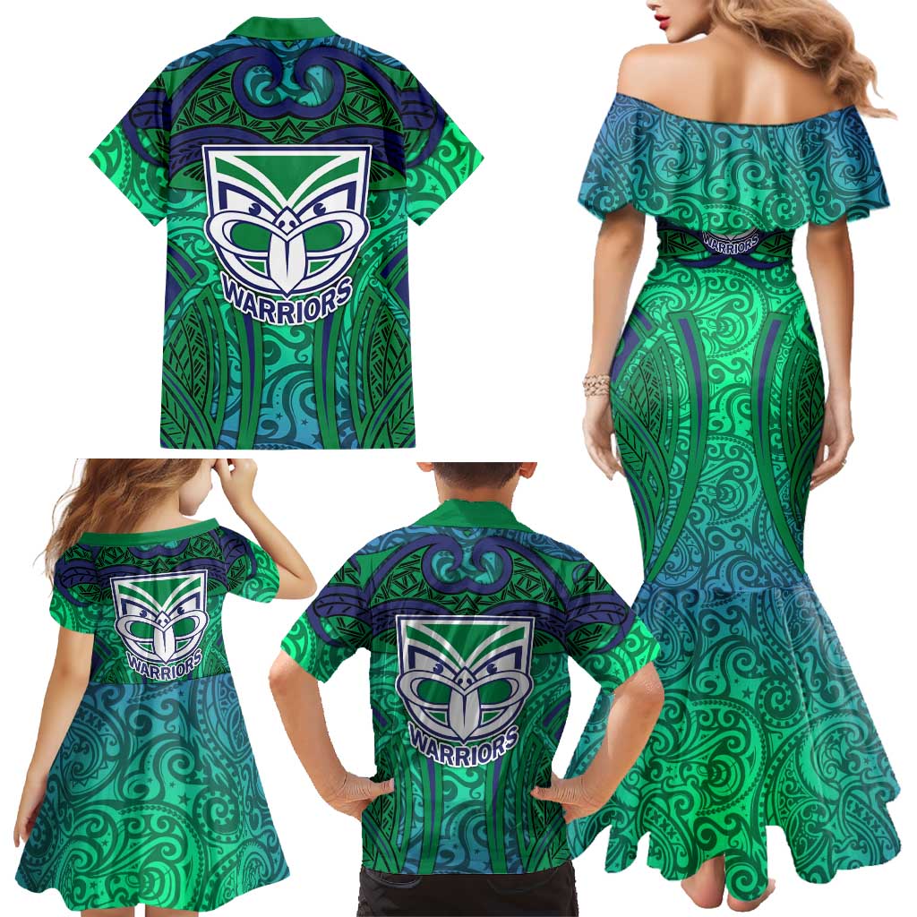 New Zealand Warriors Rugby Family Matching Mermaid Dress and Hawaiian Shirt Polynesian Tribal Warrior Mask Green Blue Pattern
