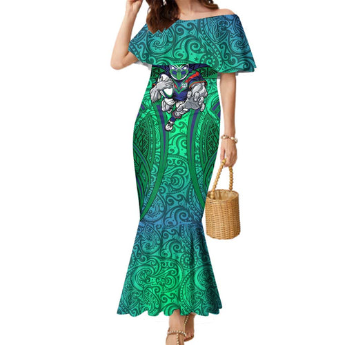 New Zealand Warriors Rugby Family Matching Mermaid Dress and Hawaiian Shirt Polynesian Tribal Warrior Mask Green Blue Pattern