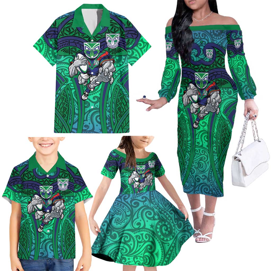 New Zealand Warriors Rugby Family Matching Off The Shoulder Long Sleeve Dress and Hawaiian Shirt Polynesian Tribal Warrior Mask Green Blue Pattern