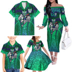 New Zealand Warriors Rugby Family Matching Off The Shoulder Long Sleeve Dress and Hawaiian Shirt Polynesian Tribal Warrior Mask Green Blue Pattern