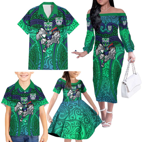 New Zealand Warriors Rugby Family Matching Off The Shoulder Long Sleeve Dress and Hawaiian Shirt Polynesian Tribal Warrior Mask Green Blue Pattern