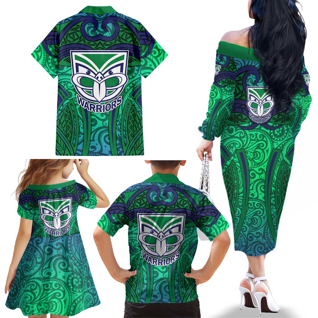 New Zealand Warriors Rugby Family Matching Off The Shoulder Long Sleeve Dress and Hawaiian Shirt Polynesian Tribal Warrior Mask Green Blue Pattern