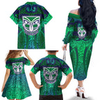 New Zealand Warriors Rugby Family Matching Off The Shoulder Long Sleeve Dress and Hawaiian Shirt Polynesian Tribal Warrior Mask Green Blue Pattern