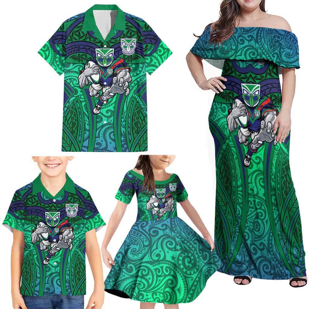New Zealand Warriors Rugby Family Matching Off Shoulder Maxi Dress and Hawaiian Shirt Polynesian Tribal Warrior Mask Green Blue Pattern