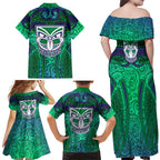New Zealand Warriors Rugby Family Matching Off Shoulder Maxi Dress and Hawaiian Shirt Polynesian Tribal Warrior Mask Green Blue Pattern