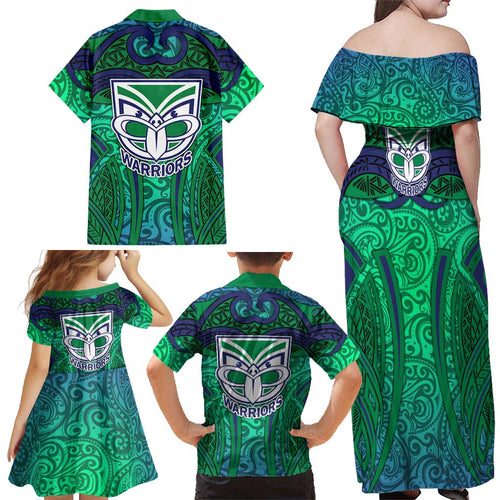 New Zealand Warriors Rugby Family Matching Off Shoulder Maxi Dress and Hawaiian Shirt Polynesian Tribal Warrior Mask Green Blue Pattern