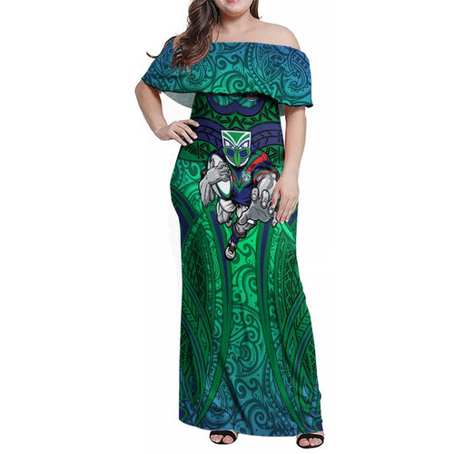 New Zealand Warriors Rugby Family Matching Off Shoulder Maxi Dress and Hawaiian Shirt Polynesian Tribal Warrior Mask Green Blue Pattern
