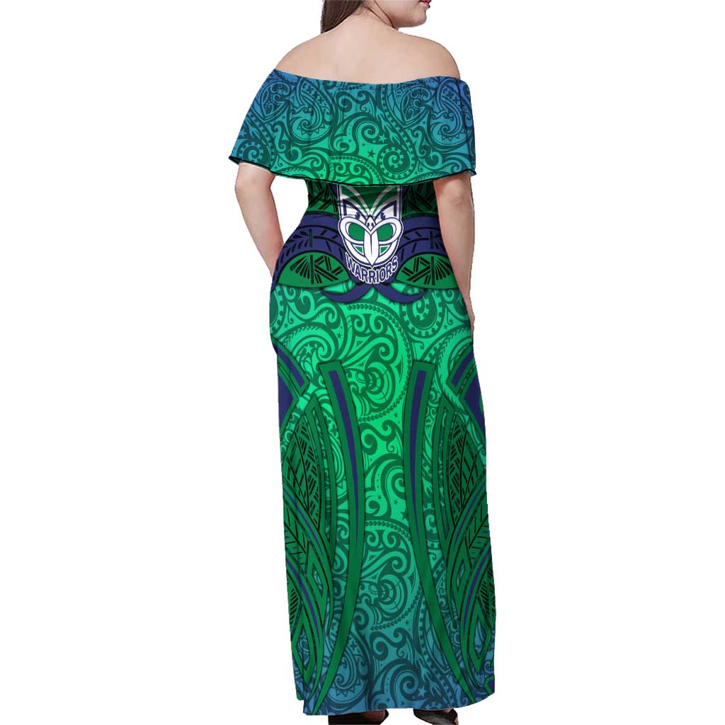 New Zealand Warriors Rugby Family Matching Off Shoulder Maxi Dress and Hawaiian Shirt Polynesian Tribal Warrior Mask Green Blue Pattern