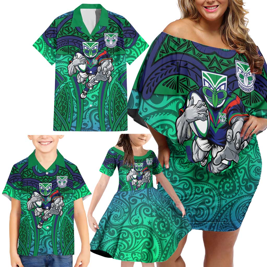 New Zealand Warriors Rugby Family Matching Off Shoulder Short Dress and Hawaiian Shirt Polynesian Tribal Warrior Mask Green Blue Pattern