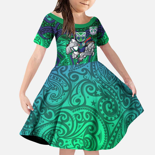 New Zealand Warriors Rugby Family Matching Off Shoulder Short Dress and Hawaiian Shirt Polynesian Tribal Warrior Mask Green Blue Pattern