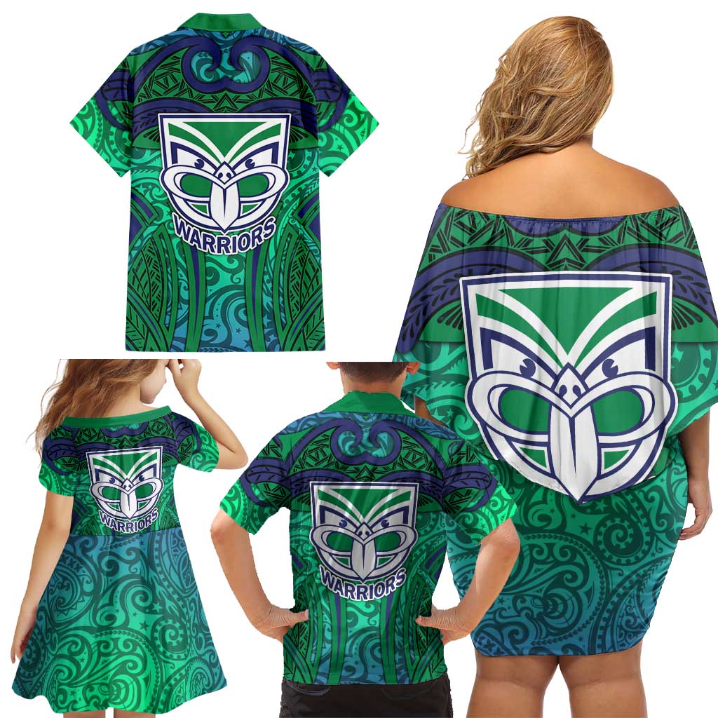 New Zealand Warriors Rugby Family Matching Off Shoulder Short Dress and Hawaiian Shirt Polynesian Tribal Warrior Mask Green Blue Pattern