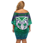 New Zealand Warriors Rugby Family Matching Off Shoulder Short Dress and Hawaiian Shirt Polynesian Tribal Warrior Mask Green Blue Pattern