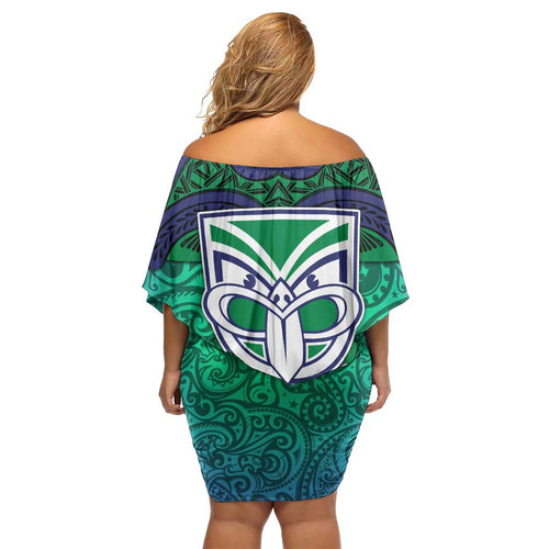 New Zealand Warriors Rugby Family Matching Off Shoulder Short Dress and Hawaiian Shirt Polynesian Tribal Warrior Mask Green Blue Pattern