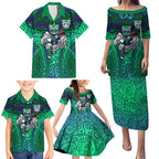 New Zealand Warriors Rugby Family Matching Puletasi and Hawaiian Shirt Polynesian Tribal Warrior Mask Green Blue Pattern