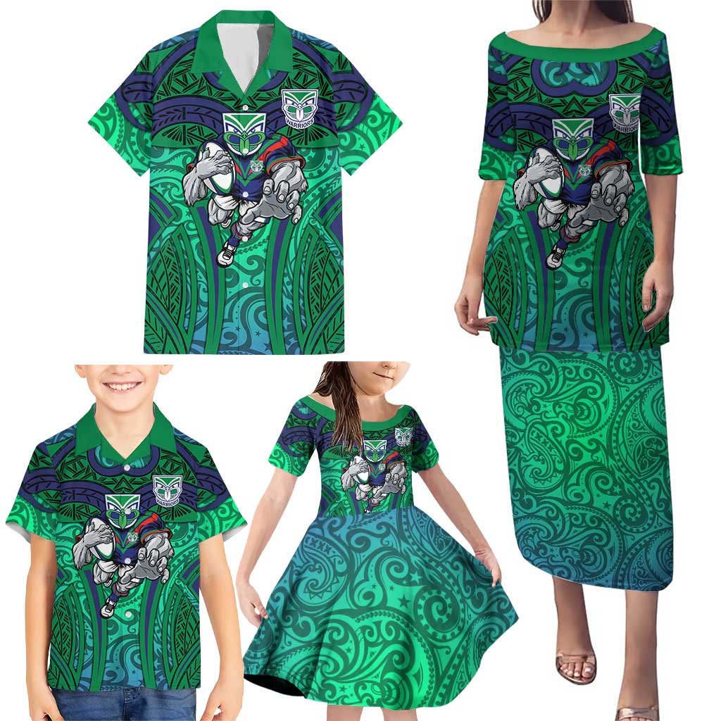 New Zealand Warriors Rugby Family Matching Puletasi and Hawaiian Shirt Polynesian Tribal Warrior Mask Green Blue Pattern