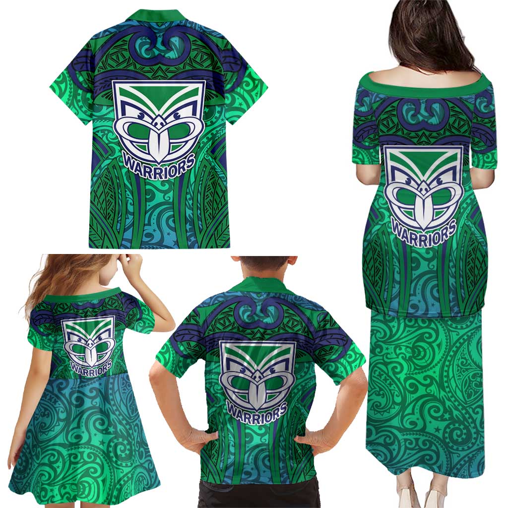 New Zealand Warriors Rugby Family Matching Puletasi and Hawaiian Shirt Polynesian Tribal Warrior Mask Green Blue Pattern