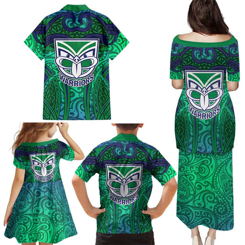 New Zealand Warriors Rugby Family Matching Puletasi and Hawaiian Shirt Polynesian Tribal Warrior Mask Green Blue Pattern