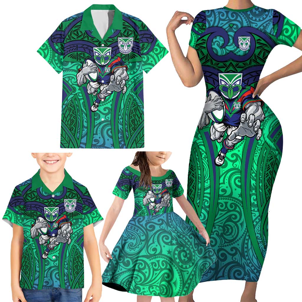 New Zealand Warriors Rugby Family Matching Short Sleeve Bodycon Dress and Hawaiian Shirt Polynesian Tribal Warrior Mask Green Blue Pattern