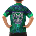 New Zealand Warriors Rugby Family Matching Short Sleeve Bodycon Dress and Hawaiian Shirt Polynesian Tribal Warrior Mask Green Blue Pattern