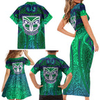 New Zealand Warriors Rugby Family Matching Short Sleeve Bodycon Dress and Hawaiian Shirt Polynesian Tribal Warrior Mask Green Blue Pattern