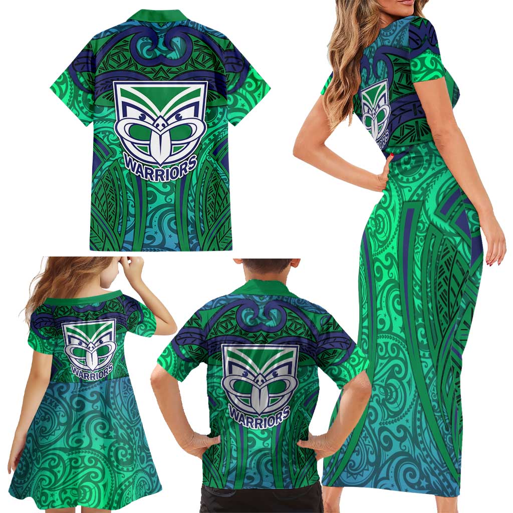 New Zealand Warriors Rugby Family Matching Short Sleeve Bodycon Dress and Hawaiian Shirt Polynesian Tribal Warrior Mask Green Blue Pattern