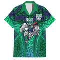 New Zealand Warriors Rugby Family Matching Short Sleeve Bodycon Dress and Hawaiian Shirt Polynesian Tribal Warrior Mask Green Blue Pattern